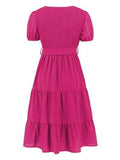 Smocked Tie Front Short Sleeve Tiered Dress - Trendsi - Flyclothing LLC