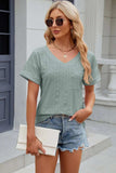 Eyelet V-Neck Short Sleeve T-Shirt - Trendsi - Flyclothing LLC