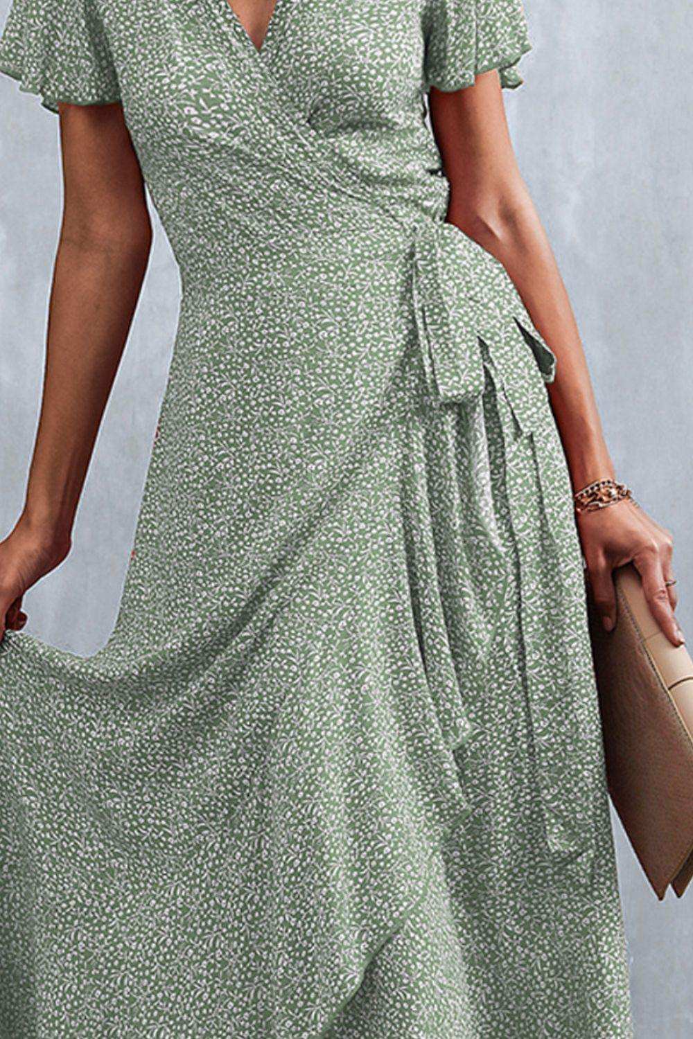 Floral Surplice Neck Tied Midi Dress - Trendsi - Flyclothing LLC