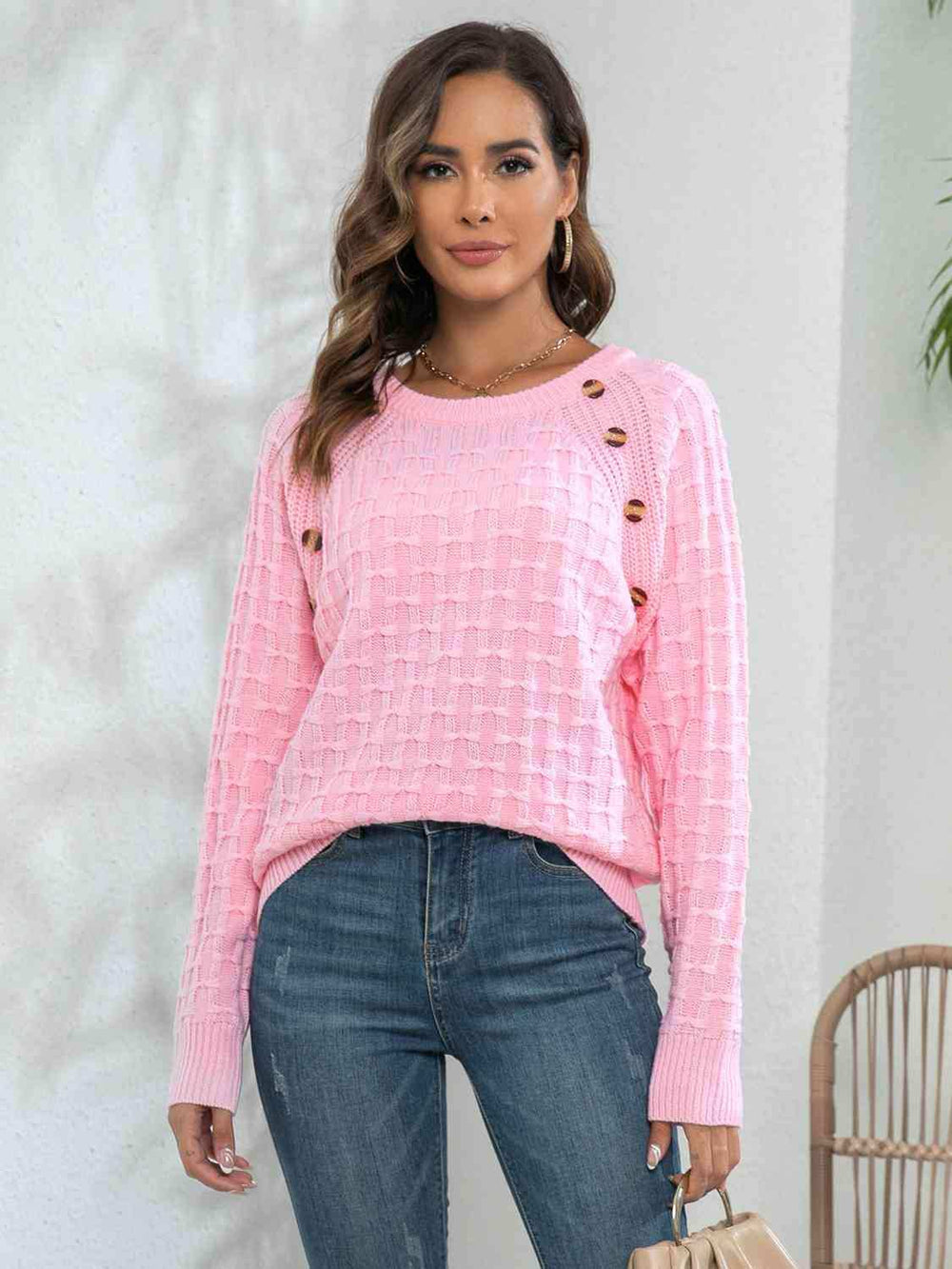 Decorative Button Long Sleeve Sweater - Trendsi - Flyclothing LLC