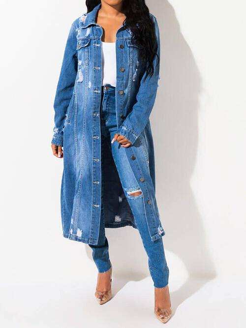 Long Sleeve Raw Hem Denim Jacket - Trendsi - Flyclothing LLC