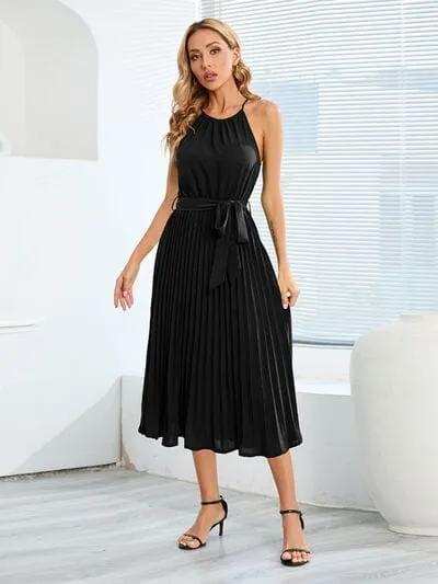 Pleated Spaghetti Strap Tie Waist Midi Dress - Trendsi - Flyclothing LLC