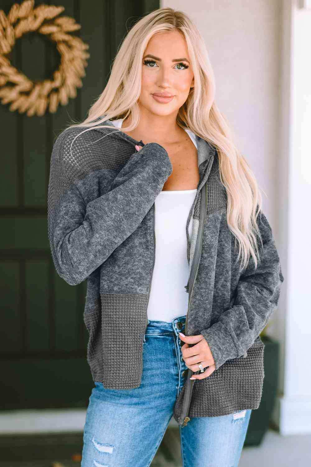 Zip-Up Drawstring Hooded Jacket - Trendsi - Flyclothing LLC