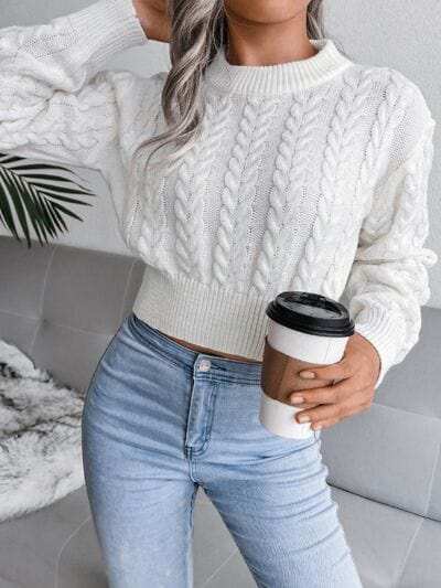 Cable-Knit Round Neck Sweater - Trendsi - Flyclothing LLC
