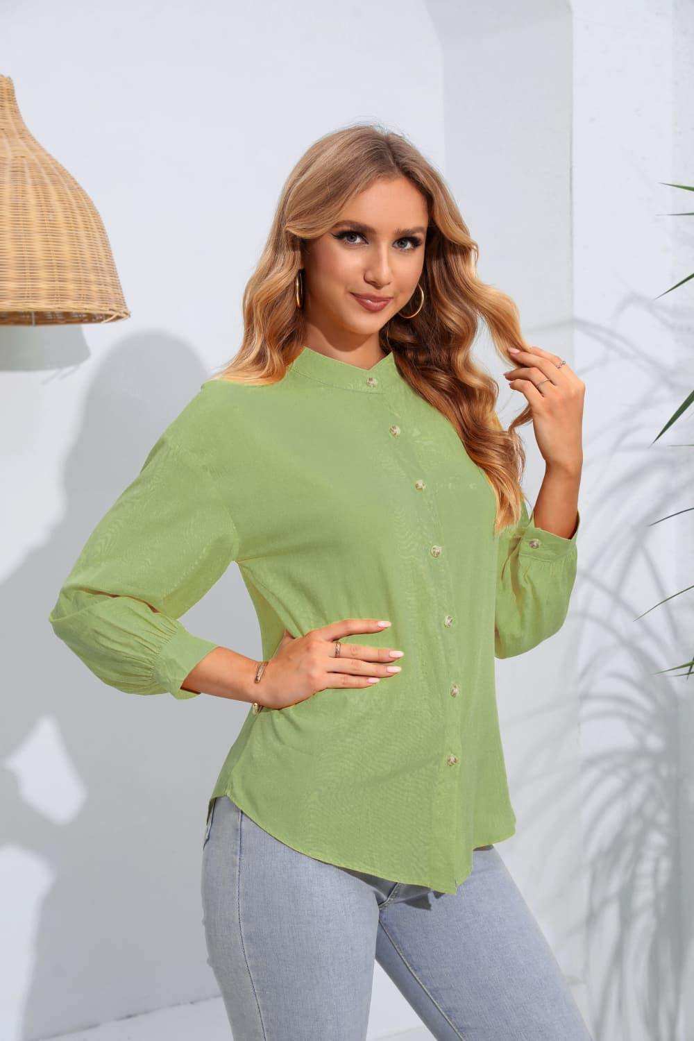 Mock Neck Buttoned Long Sleeve Shirt - Trendsi - Flyclothing LLC