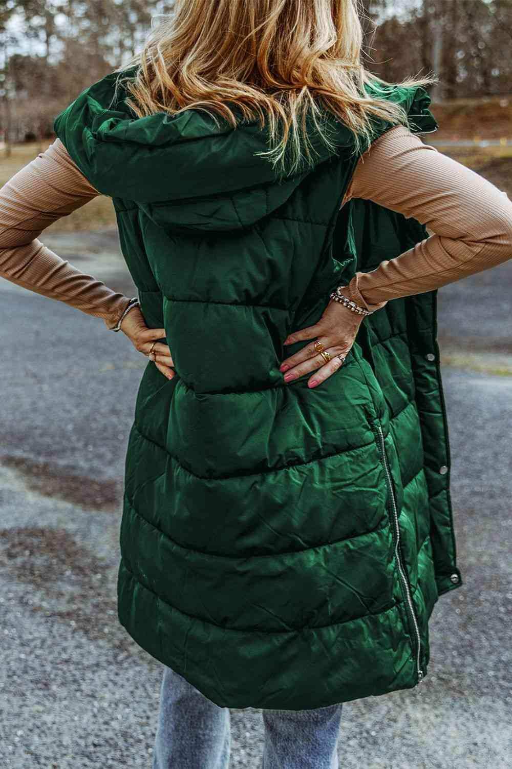 Longline Hooded Sleeveless Puffer Vest - Trendsi - Flyclothing LLC