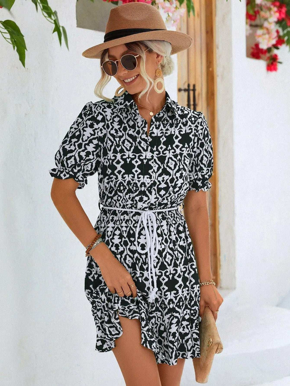 Printed Tie Waist Collared Flounce Sleeve Dress - Trendsi - Flyclothing LLC