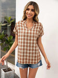 Plaid Notched Short Sleeve Blouse - Trendsi - Flyclothing LLC
