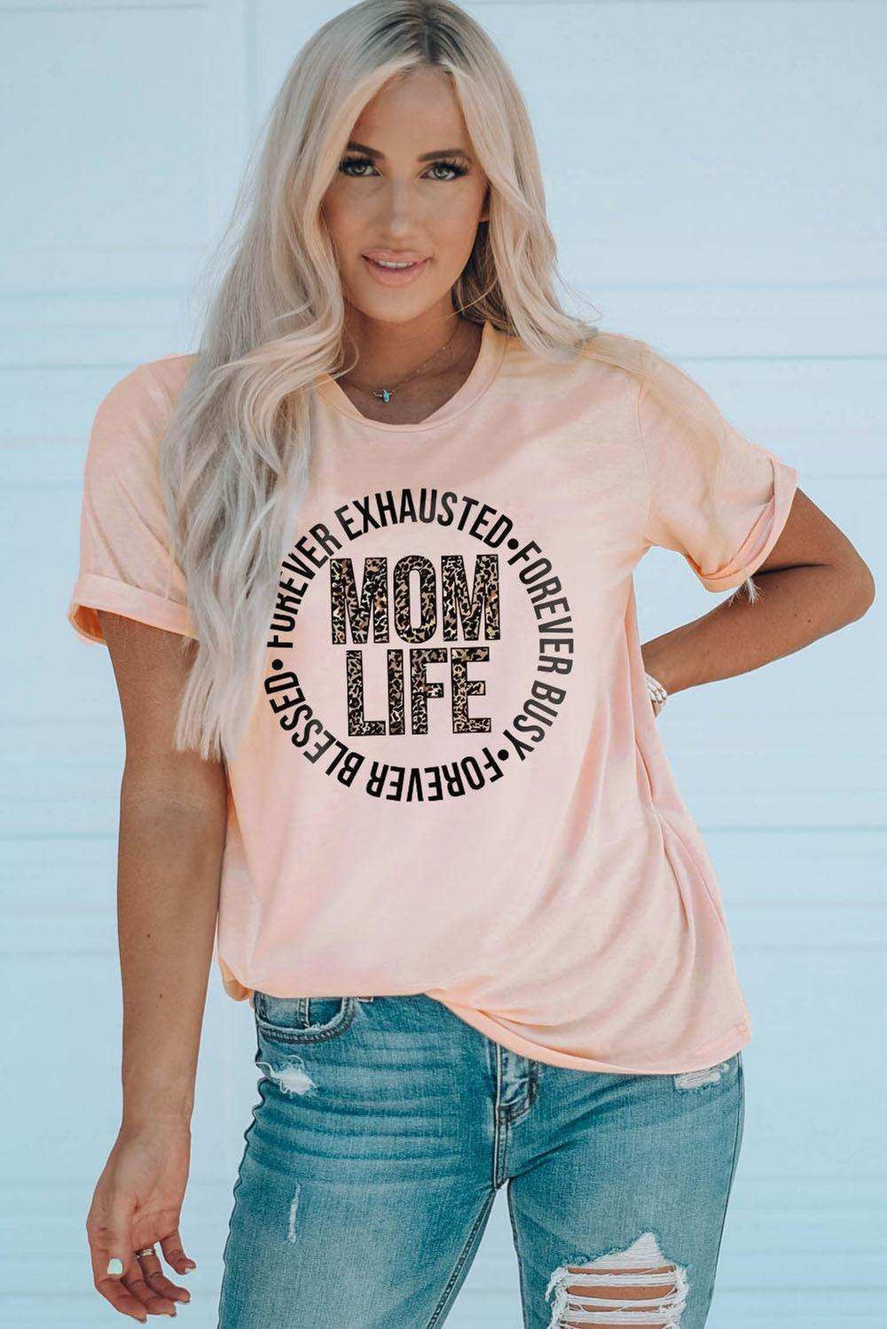 MOM LIFE Leopard Graphic Cuffed Tee - Trendsi - Flyclothing LLC