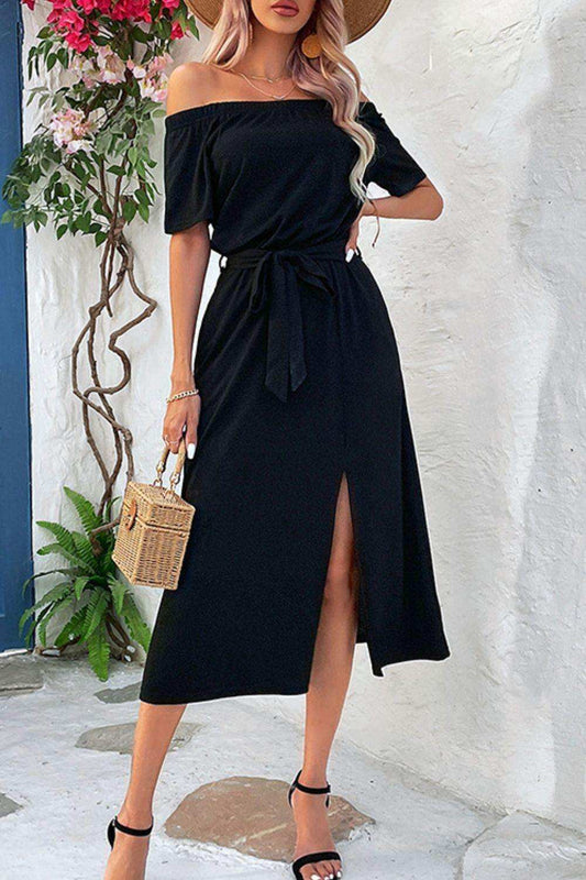 Tie-Waist Off-Shoulder Split Dress - Trendsi - Flyclothing LLC