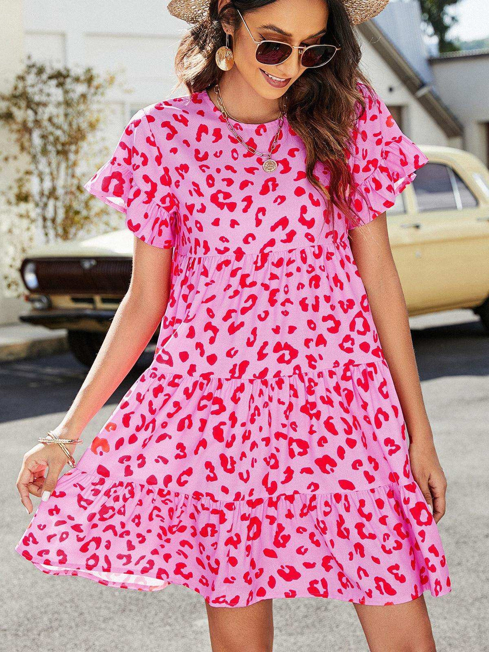 Leopard Short Flounce Sleeve Tiered Dress - Trendsi - Flyclothing LLC