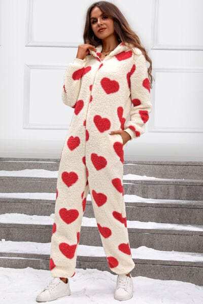 Fuzzy Heart Zip Up Hooded Lounge Jumpsuit - Trendsi - Flyclothing LLC