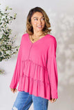 Double Take Half Button Long Sleeve Ruffle Hem Blouse - Trendsi - Flyclothing LLC