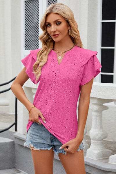 Eyelet Notched Short Sleeve T-Shirt - Trendsi - Flyclothing LLC