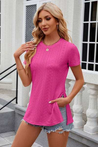 Eyelet Slit Round Neck Short Sleeve T-Shirt - Trendsi - Flyclothing LLC