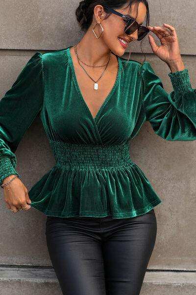 Smocked Surplice Lantern Sleeve Peplum Blouse - Trendsi - Flyclothing LLC