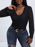 V-Neck Long Sleeve Bodysuit - Trendsi - Flyclothing LLC
