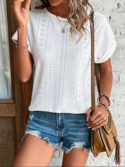 Eyelet Round Neck Short Sleeve T-Shirt - Trendsi - Flyclothing LLC