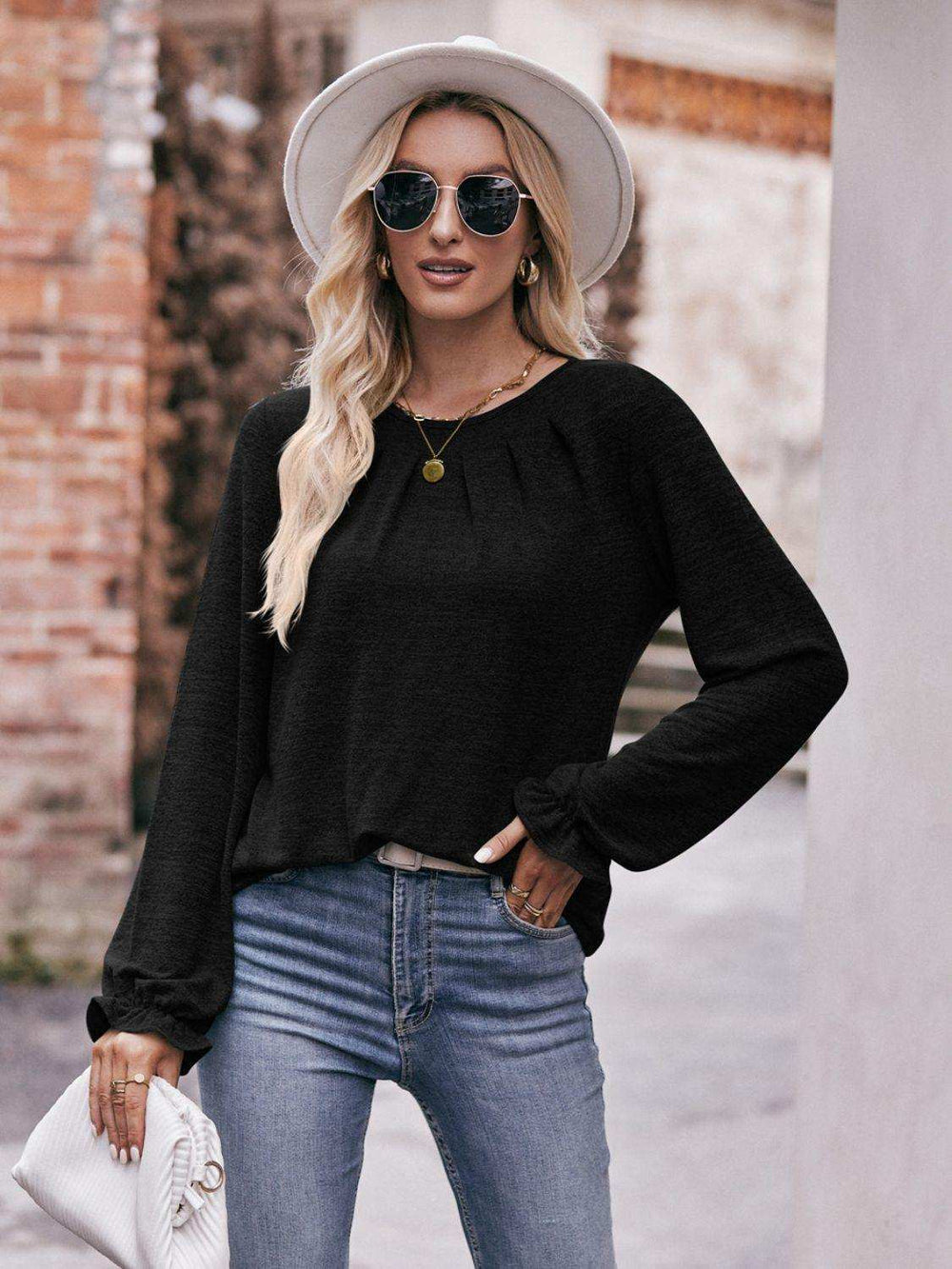 Long Flounce Sleeve Round Neck Blouse - Trendsi - Flyclothing LLC