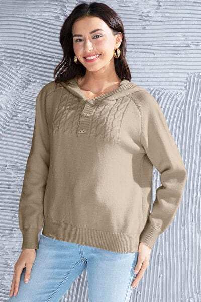 Cable Knit Long Sleeve Hooded Sweater - Trendsi - Flyclothing LLC