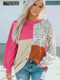Color Block Leopard Round Neck Sweatshirt - Trendsi - Flyclothing LLC