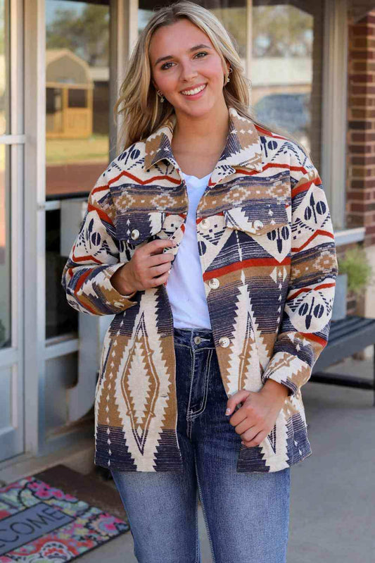 Printed Button Down Collared Jacket - Trendsi - Flyclothing LLC
