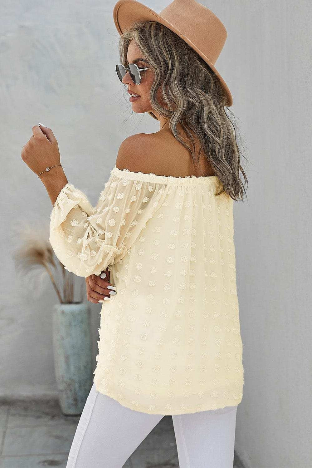 Swiss Dot Off-Shoulder Long Sleeve Blouse - Trendsi - Flyclothing LLC