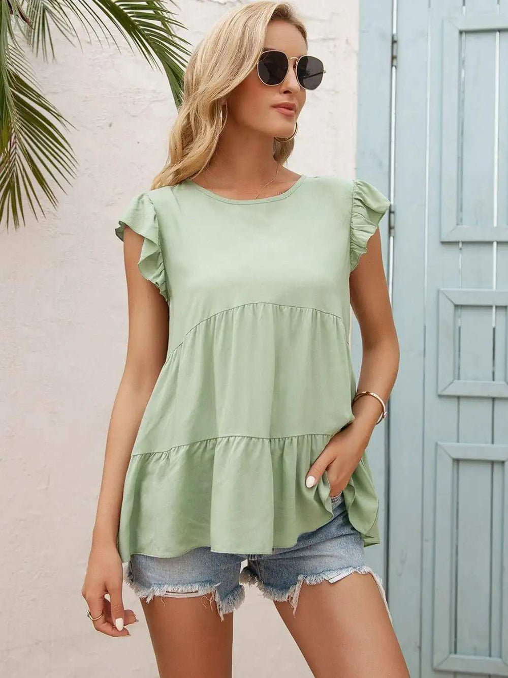 Round Neck Flutter Sleeve Tiered Blouse - Trendsi - Flyclothing LLC