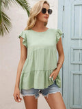 Round Neck Flutter Sleeve Tiered Blouse - Trendsi - Flyclothing LLC