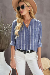 Striped V-Neck High-Low Shirt with Breast Pocket - Flyclothing LLC