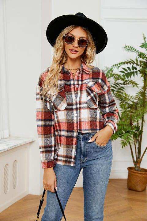 Collared Plaid Shacket - Trendsi - Flyclothing LLC