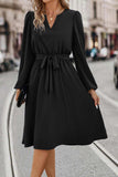 Tie Waist Notched Neck Long Sleeve Dress - Trendsi - Flyclothing LLC
