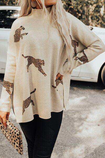 Animal Pattern Mock Neck Long Sleeve Slit Sweater - Trendsi - Flyclothing LLC