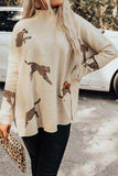 Animal Pattern Mock Neck Long Sleeve Slit Sweater - Trendsi - Flyclothing LLC