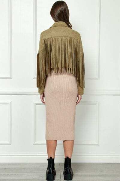 Veveret Suede Fringe Long Sleeve Moto Jacket - Trendsi - Flyclothing LLC