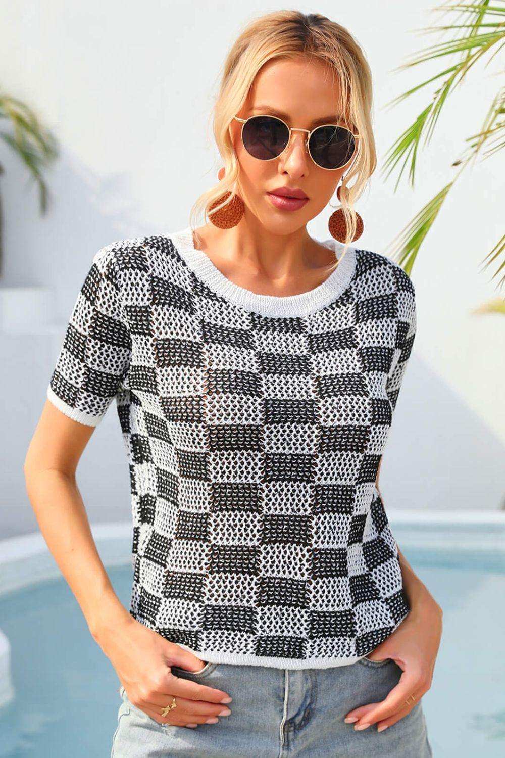 Checkered Short Sleeve Knit Top - Trendsi - Flyclothing LLC