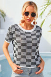 Checkered Short Sleeve Knit Top - Trendsi - Flyclothing LLC
