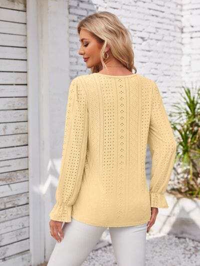 Applique V-Neck Flounce Sleeve T-Shirt - Trendsi - Flyclothing LLC