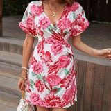 Floral Tied Short Sleeve Mini Dress - Trendsi - Flyclothing LLC