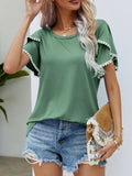 Pom-Pom Trim Flutter Sleeve Round Neck Tee - Trendsi - Flyclothing LLC