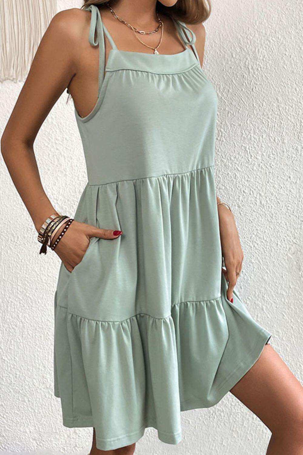 Tie-Shoulder Tiered Dress with Pockets - Trendsi - Flyclothing LLC