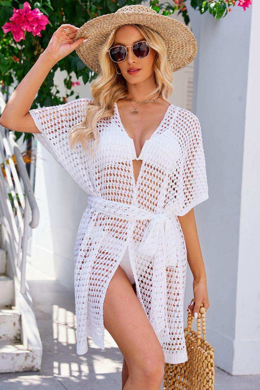 Openwork Tie Waist Cover Up - Trendsi - Flyclothing LLC