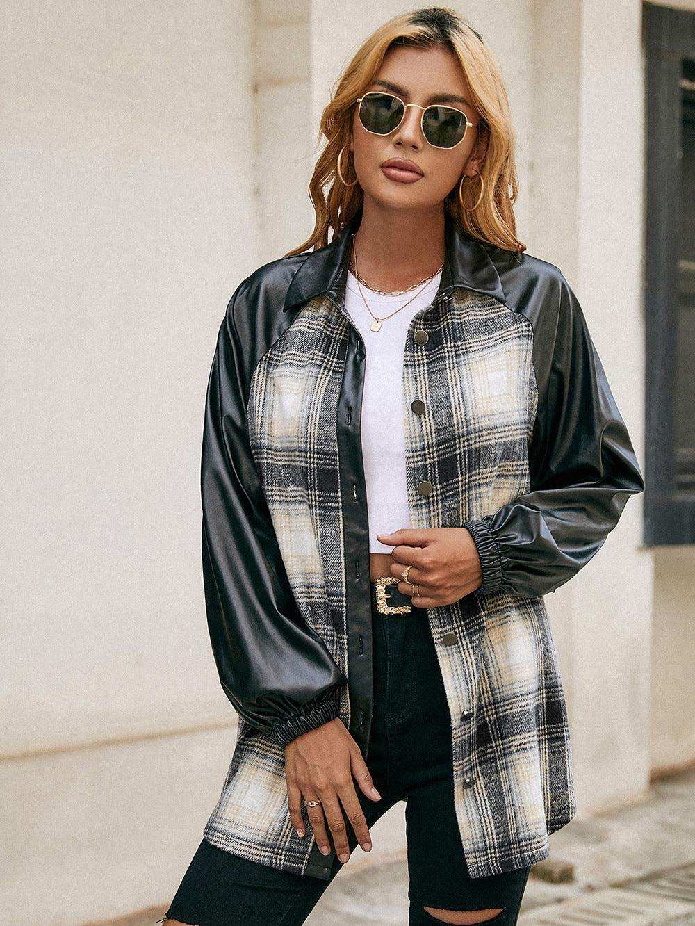 Plaid Button Down Raglan Sleeve Jacket - Trendsi - Flyclothing LLC