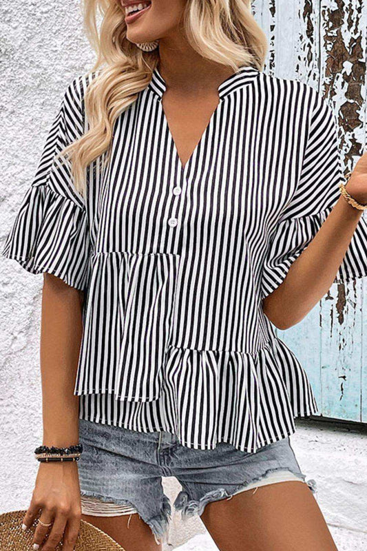 Striped Asymmetrical Flounce Sleeve Blouse - Trendsi - Flyclothing LLC
