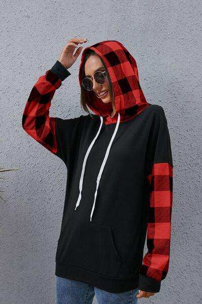Plaid Drawstring Dropped Shoulder Hoodie - Trendsi - Flyclothing LLC