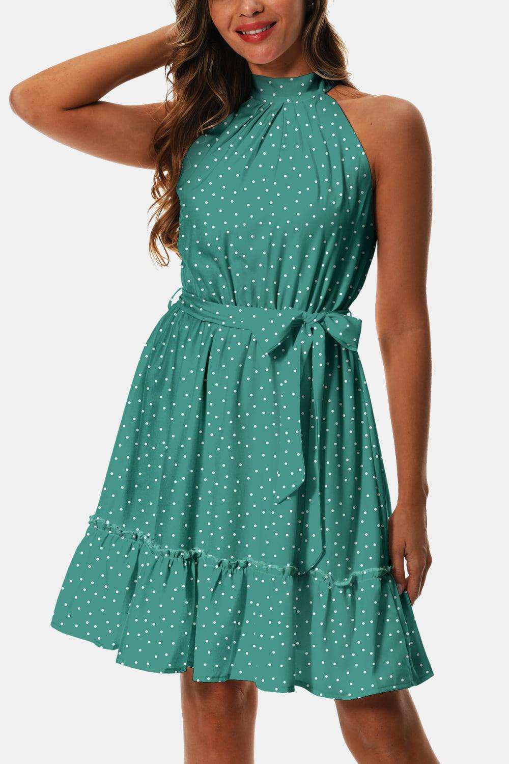 Printed Tie Waist Frill Trim Dress - Trendsi - Flyclothing LLC