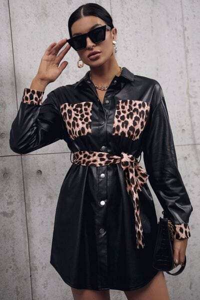 Tied Leopard Snap Down Trench Coat - Trendsi - Flyclothing LLC