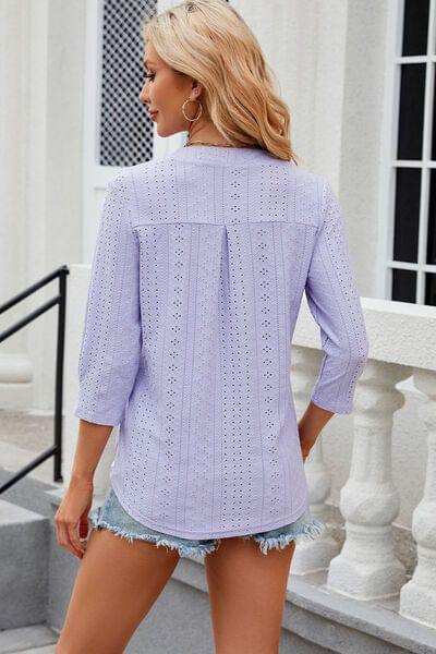 Eyelet Notched Knit Jacquard Top - Trendsi - Flyclothing LLC
