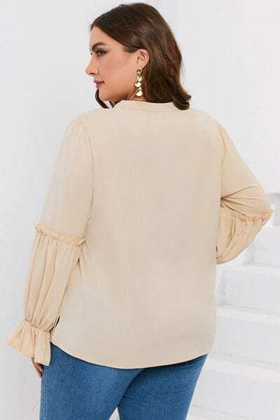 Plus Size Ruffled Tie Neck Flounce Sleeve Blouse - Trendsi - Flyclothing LLC