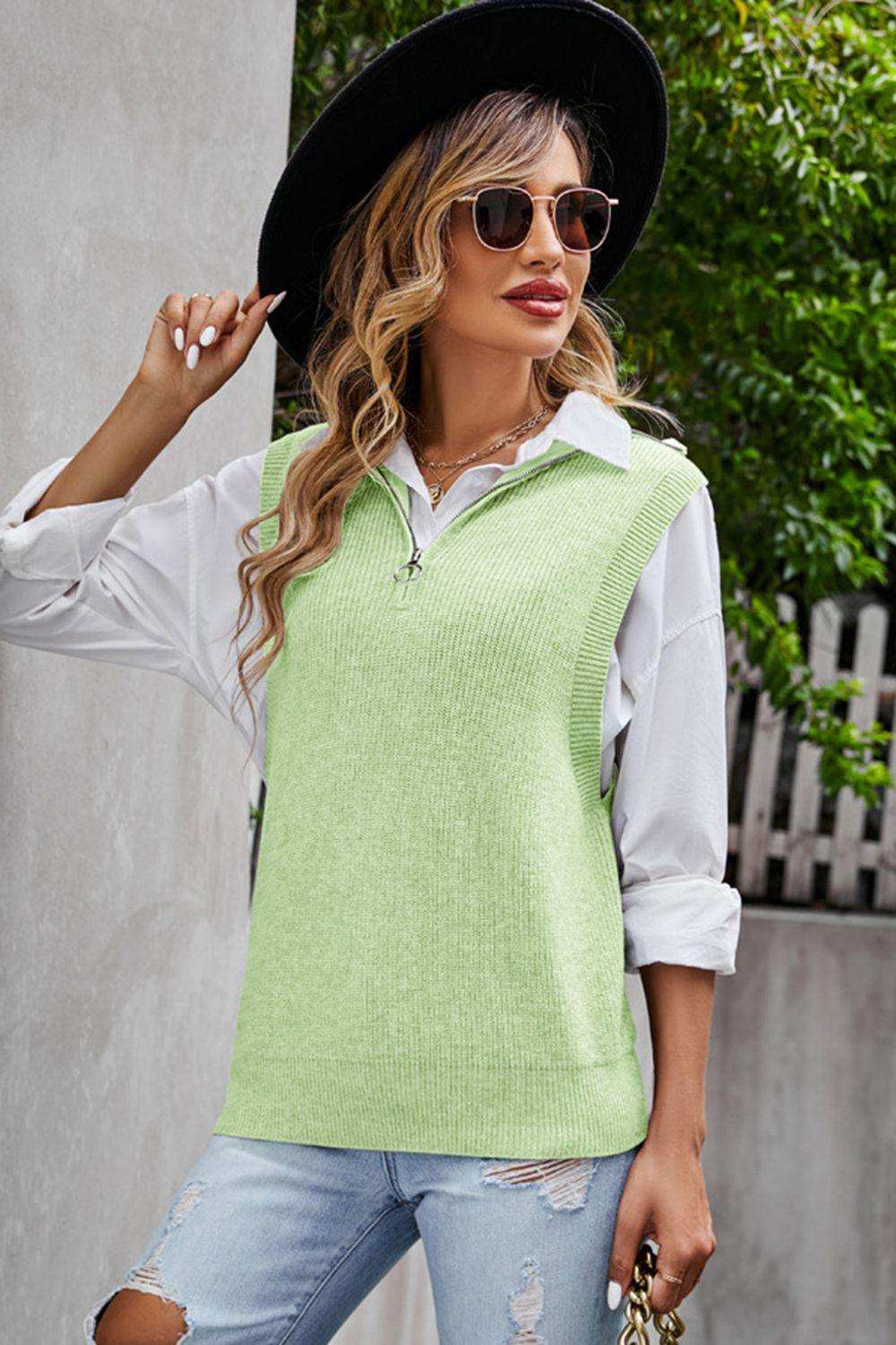 Quarter-Zip Ribbed Sweater Vest - Trendsi - Flyclothing LLC
